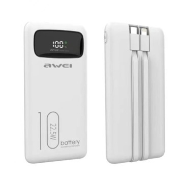Power banka AWEI P168K s dvoma vstupmi a dvoma výstupmi, USB + USB-C + Lightning, 10000 mAh - biela